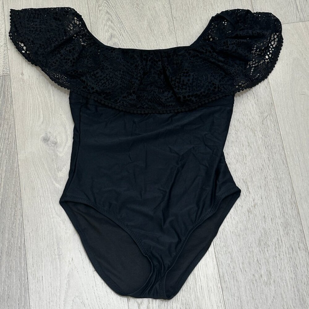 Mossimo Black Off Shoulder One Piece Swimsuit M Lace Ruffle Boho Swim